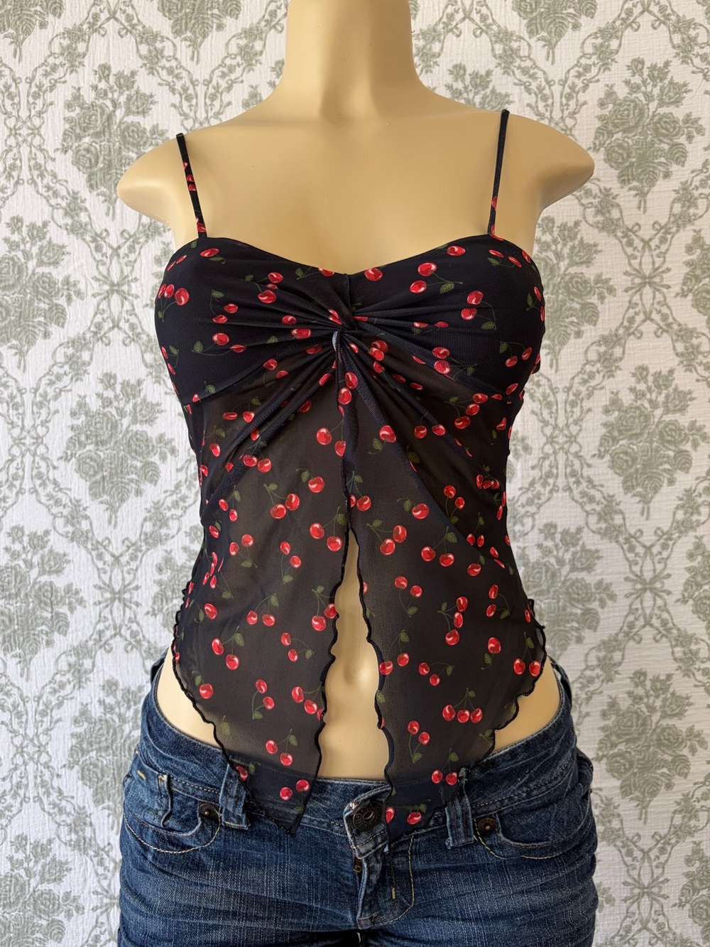 Vintage Black Sheer Cherry Sheer Cami Top - Picture 5 of 6